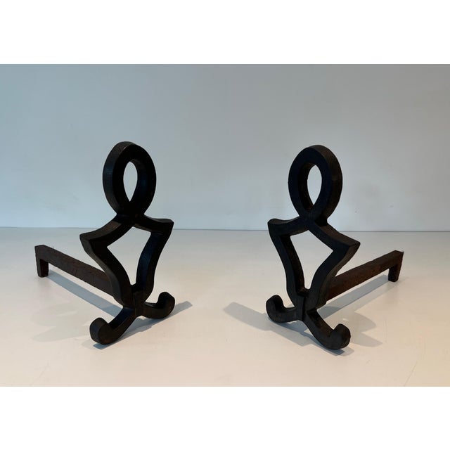Metal Modernist Cast Iron and Wrought Iron Andirons by Raymond Subes - a Pair For Sale - Image 7 of 12