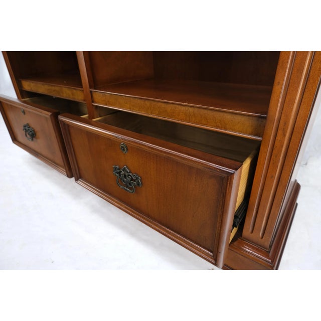 Mid 20th Century Large Colonial Two Drawer Compartment Double Bookcase Shelf Wall Unit Lights For Sale - Image 5 of 13