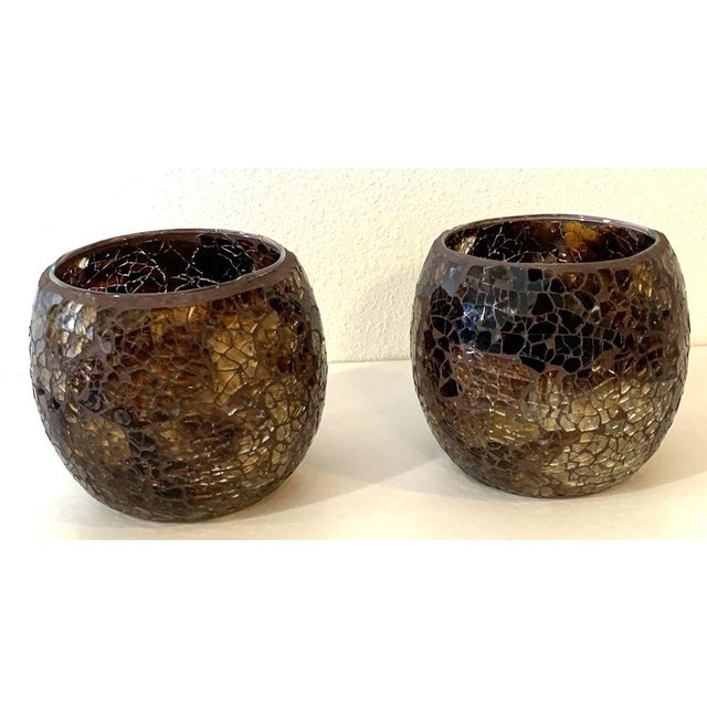 Handmade Amber Brown Mosaic Glass Votive or Tea Light Candle Holders BoHo For Sale - Image 4 of 7