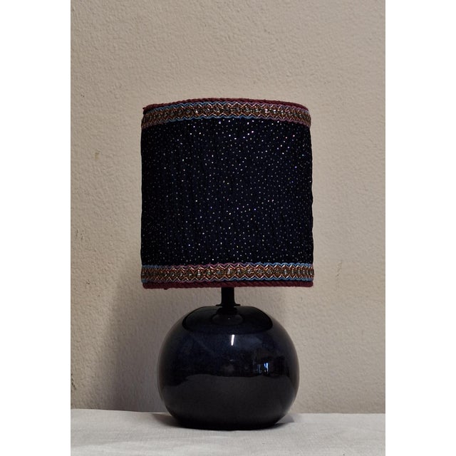 Vintage Table Lamp with Dark Blue Ceramic Base and Fabric Shade, 1990s For Sale - Image 6 of 8