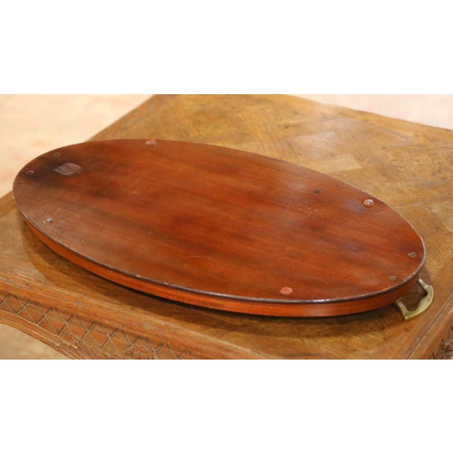 Mid-Century English Burl Walnut Oval Serving Tray With Brass Handles For Sale - Image 9 of 9