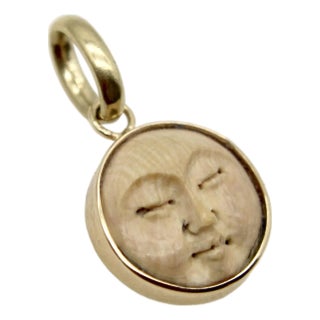 1990s 14k Gold and Fossilized Mammoth Tusk Man in the Moon Charm For Sale