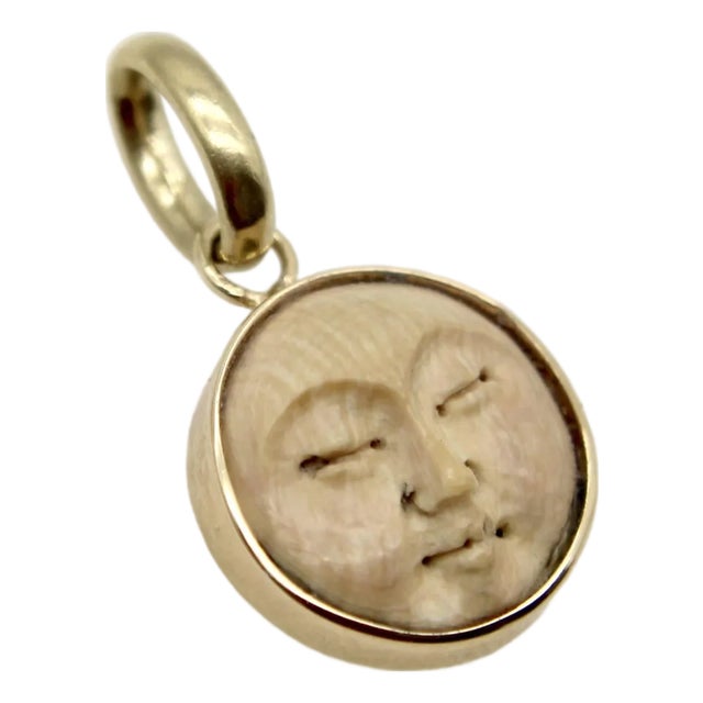 1990s 14k Gold and Fossilized Mammoth Tusk Man in the Moon Charm For Sale