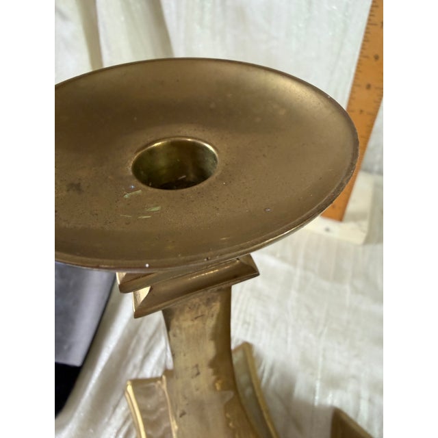 Late 20th Century Pair of Vintage Indian Brass Geometric Candlesticks 11” For Sale - Image 5 of 9