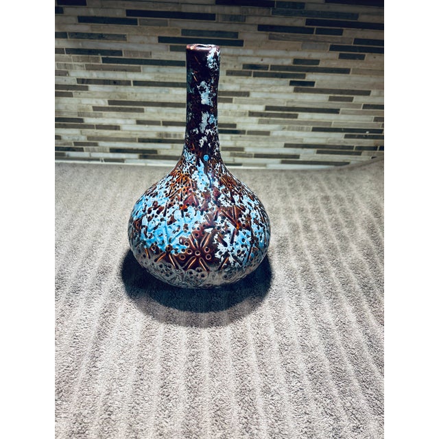 Mid‑Century European Textured Ceramic Vase – Teal & Brown Volcanic Glaze For Sale In Kansas City - Image 6 of 16