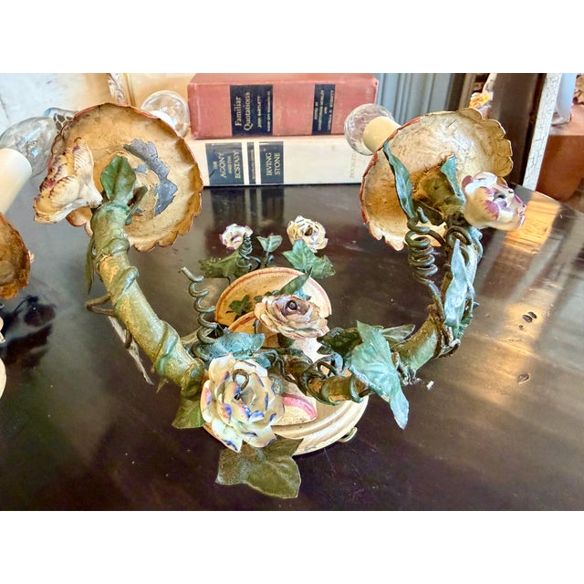 Antique French Floral Tole Wall Sconces - a Pair For Sale In Los Angeles - Image 6 of 17