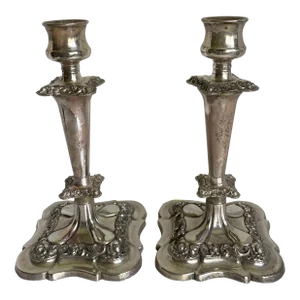 Pair of Silver-Plated Ornate Candlestick Holders Made in England