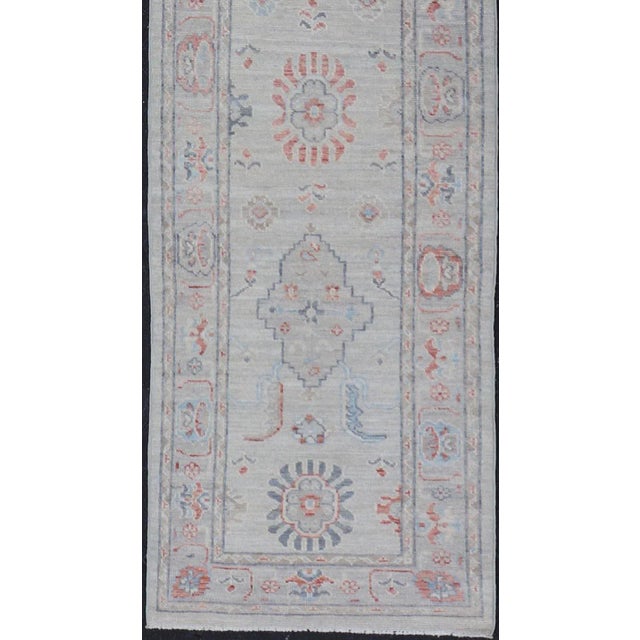 Textile Hand Knotted Modern Oushak With Coral and Blue Motifs on Light Gray Background For Sale - Image 7 of 12