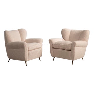 Armchairs in Ivory Fabric with Brass Feet, 1940s, Set of 2 For Sale