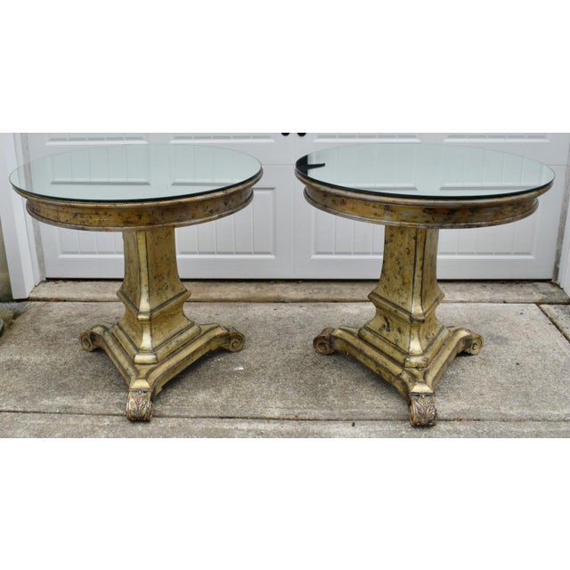 Vtg. Pair Italian Regency Style Carved Wood Pedestal End Tables W/Mirrored Tops For Sale - Image 11 of 15
