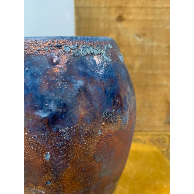 Textured Raku Copper Metallic Glazed Blue Ceramic Vessel. Made in the Mid 20th Century