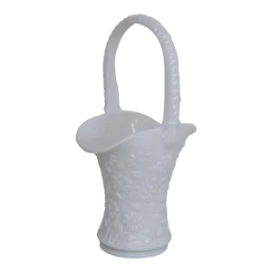 Westmoreland White Milk Glass Daisy Design Basket Vase With Handle