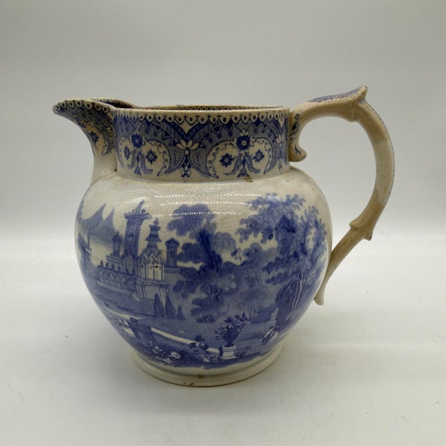 Antique English Blue Transferware Pitcher, Romantic Landscape With Castle For Sale - Image 10 of 13