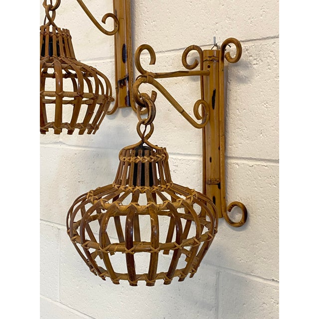 Rattan and Bamboo Wall Lamps, 1970s, Set of 2 For Sale - Image 4 of 14
