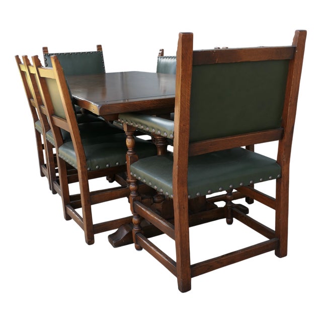 Mid-Century Modern Country Oak Refectory Table with Oak and Leather Dining Chairs, 1960s, Set of 9 For Sale