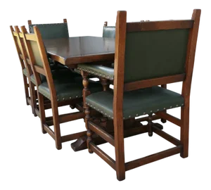 Mid-Century Modern Country Oak Refectory Table with Oak and Leather Dining Chairs, 1960s, Set of 9