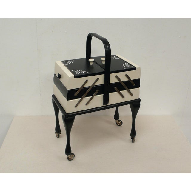 Wood Chippendale Style Sewing Box in Black and White, 1940s For Sale - Image 7 of 7