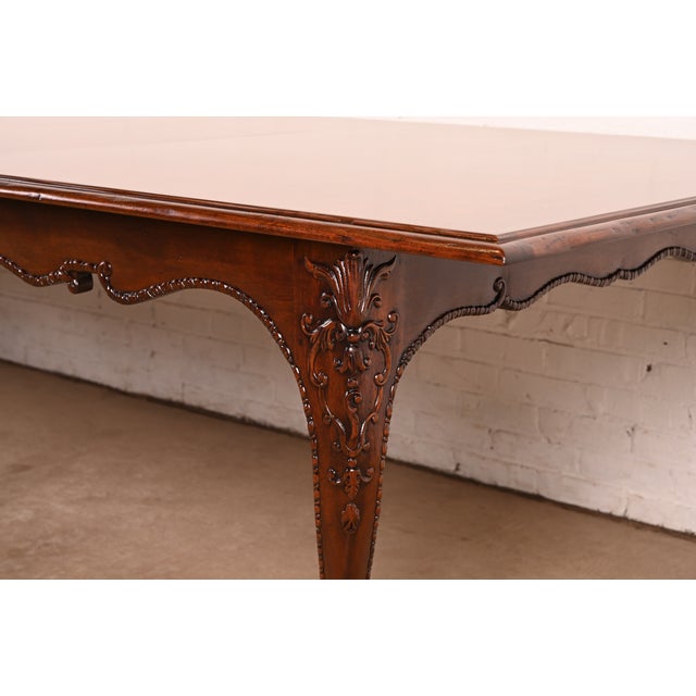 Baker Furniture Italian Provincial Carved Cherry and Burl Wood Extension Dining Table, Newly Refinished For Sale - Image 14 of 18