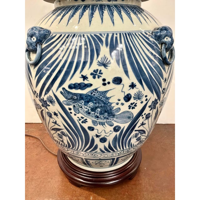 Large Porcelain Jar Lamp Blue & White Glaze. For Sale - Image 4 of 7