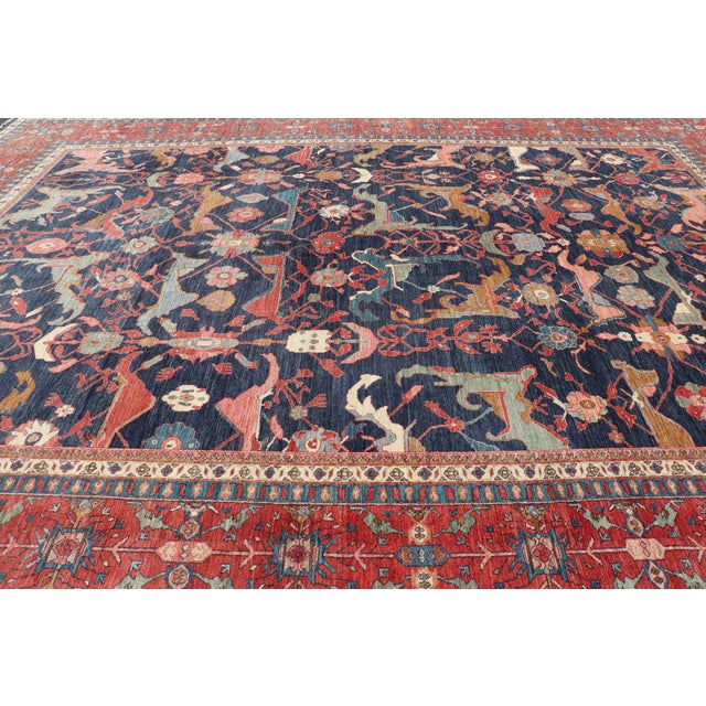 Large Persian Bidjar Rug With Navy Field and Red Border Floral Design For Sale - Image 10 of 16