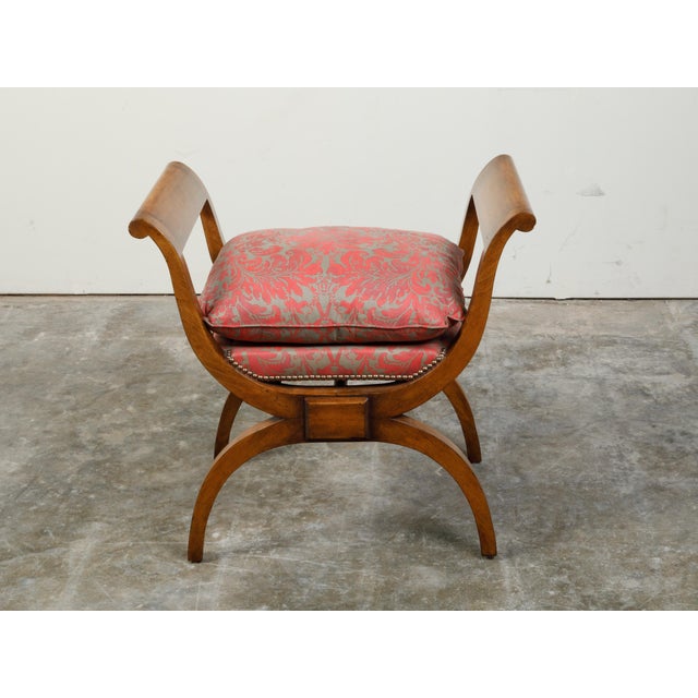 Wood Biedermeier 19th Century X-Form Stool with Out-Scrolling Arms and Cushion For Sale - Image 7 of 11
