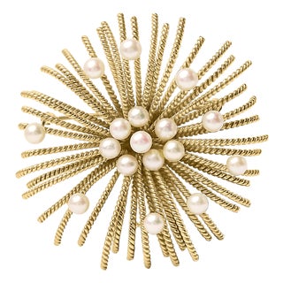 18K Yellow Gold Cultured Freshwater Pearl Starburst Brooch Pin For Sale