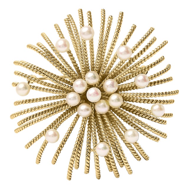 18K Yellow Gold Cultured Freshwater Pearl Starburst Brooch Pin For Sale