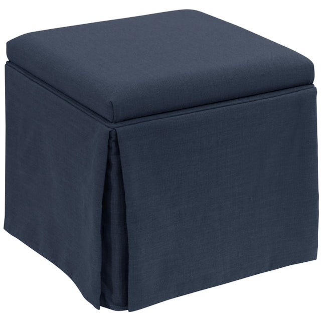 Not Yet Made - Made To Order Skirted Storage Ottoman in Linen Navy For Sale - Image 5 of 7