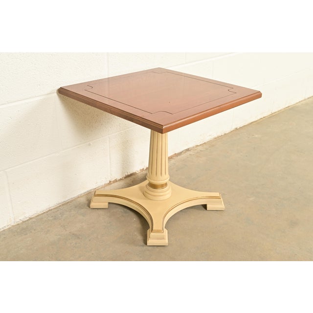 Hollywood Regency Hollywood Regency Cherry Wood and Cream Lacquered Pedestal Tea Table or Occasional Side Table by Mersman, Circa 1960s For Sale - Image 3 of 10