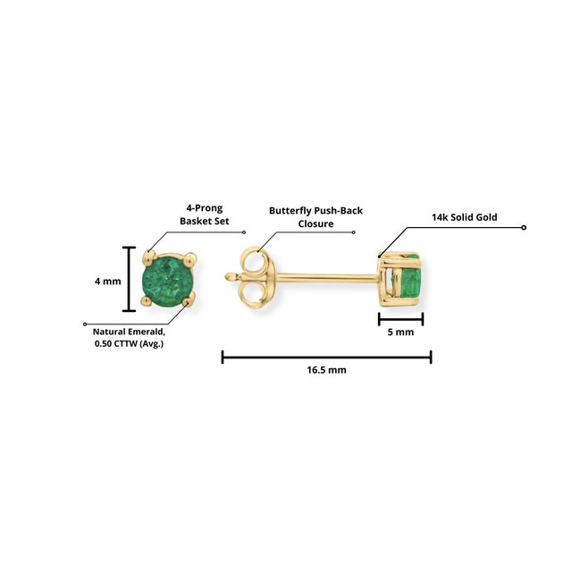Contemporary 1/2 Carat Natural Emerald 4mm 4-Prong 14k Gold Stud Earrings - 2 Pieces For Sale - Image 3 of 7