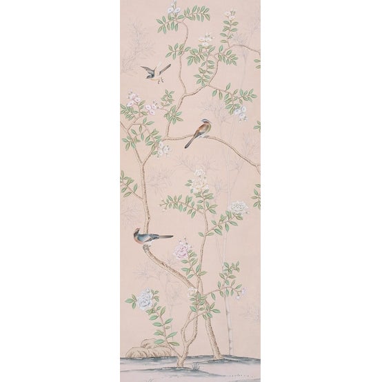 Handpainted Silk Wallpaper, Chinoiserie Birds and Bamboo, Chinoiserie Handmade Wallpaper Mural - Set of 4 For Sale - Image 4 of 12