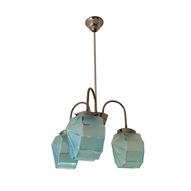 1930s Art Deco 3-Armed Chandelier with Blue Glass Shades, Europe, 1930s For Sale - Image 5 of 11