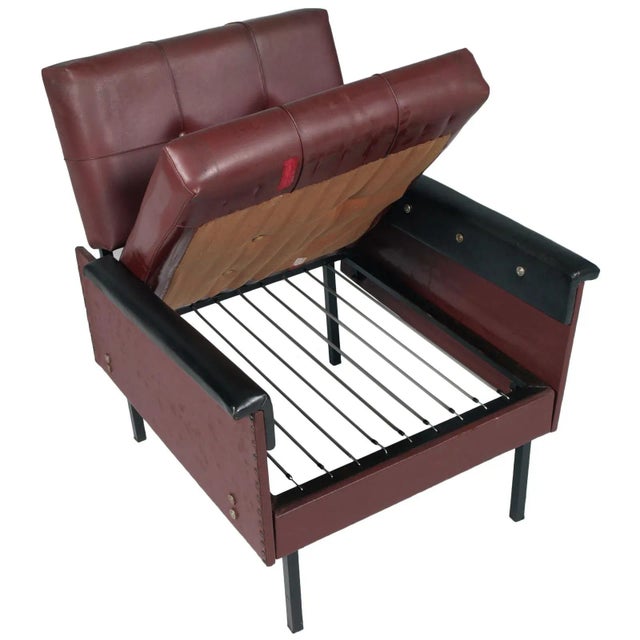 Italian Cubist Iron & Faux Leather Armchairs and Daybed, 1960s, Set of 3 For Sale - Image 11 of 12