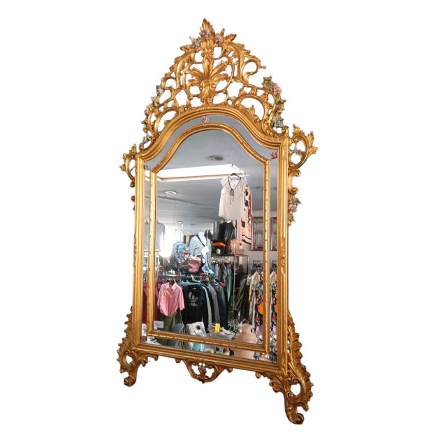 1960s gold leaf mirror with hand-painted flowers.