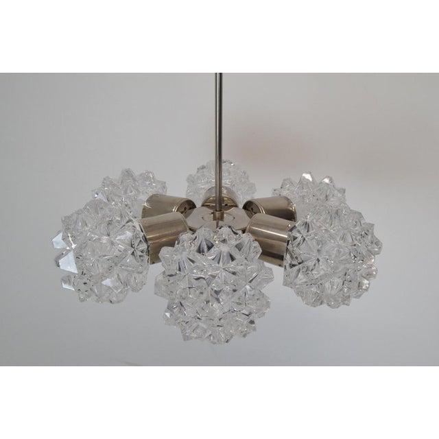 Made in czechoslovakia. Made of glass, metal, steel. 6x40w,e14 or e15 bulb. Re-polished fully functional. Good original...