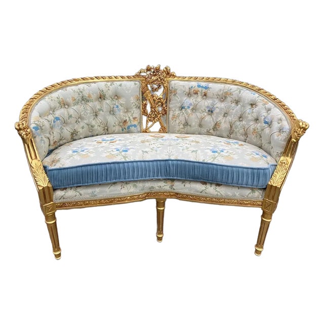 Late 20th Century French Pistachio Settee Gilt Beech Louis XVI Style For Sale