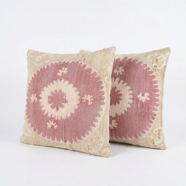 Mid-Century Modern Uzbek Suzani Pillow Cover 23'' X 25'' - Set of Two For Sale - Image 3 of 4