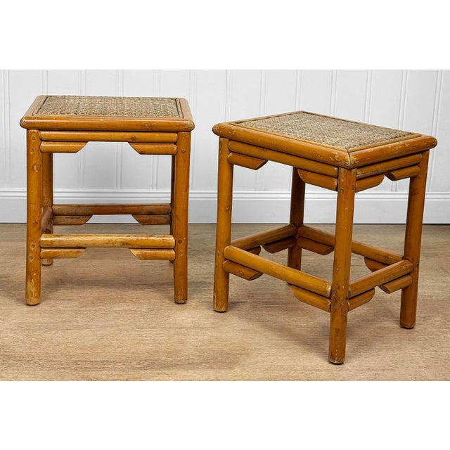 Boho Chic Vintage 1970s Coastal Rattan End Table Stands W/ Wicker Tops - A Pair For Sale - Image 3 of 10