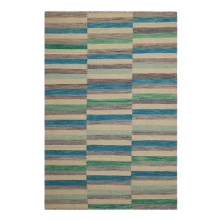 Boho Chic Kilim Blue Beige Wool Rug - 6'5" X 9'7" For Sale