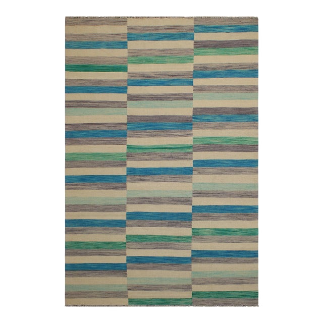 Boho Chic Kilim Blue Beige Wool Rug - 6'5" X 9'7" For Sale