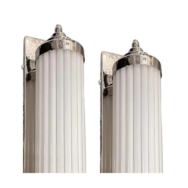 Art Deco Vintage Art Deco Skyscraper Wall Sconces Fixture in Nickel Brass & Milk Glass - a Pair For Sale - Image 3 of 7