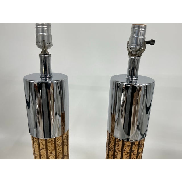 1970s Pair of Modernist Polished Chrome and Cork Table Lamps For Sale - Image 5 of 12