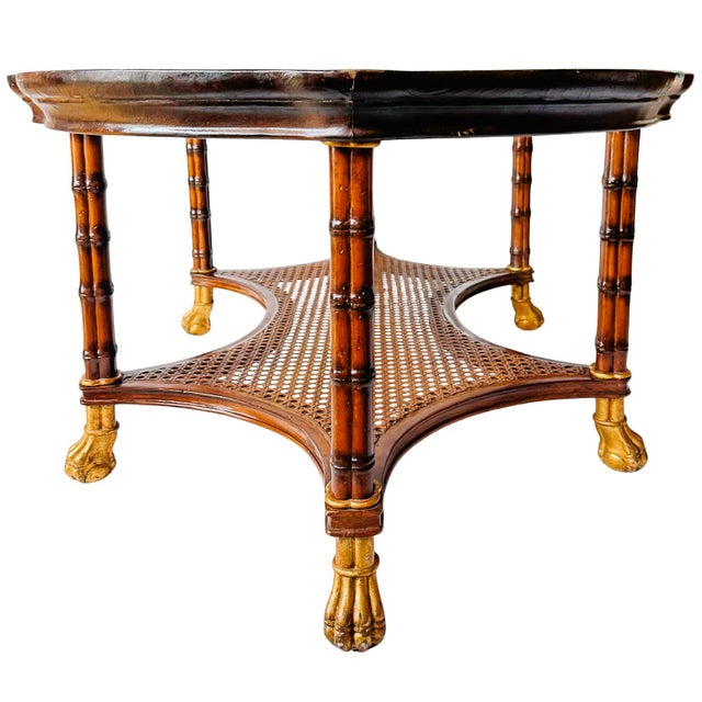 Vintage Large English Regency Style Faux-Bamboo Coffee Table With Caned Tier & Gilt Lion Paw Feet For Sale - Image 9 of 13