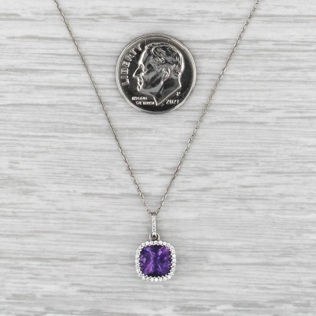 1.47ctw Amethyst Diamond Halo Pendant Necklace 18k White Gold 16.25" Cable Chain For Sale In Greensboro - Image 6 of 6
