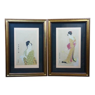 2 Japanese Ukiyo-E Geisha Woodblock Prints After Eishi & Utamaro For Sale