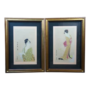2 Japanese Ukiyo-E Geisha Woodblock Prints After Eishi & Utamaro