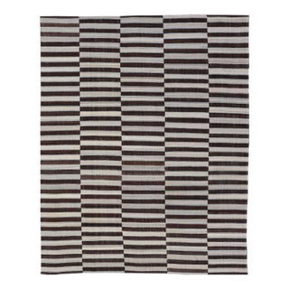 2020s Kilim Rug in Multi-Panel Striped Design With Chocolate Brown, Cream & Light Blue 8'9 X 11'9 For Sale