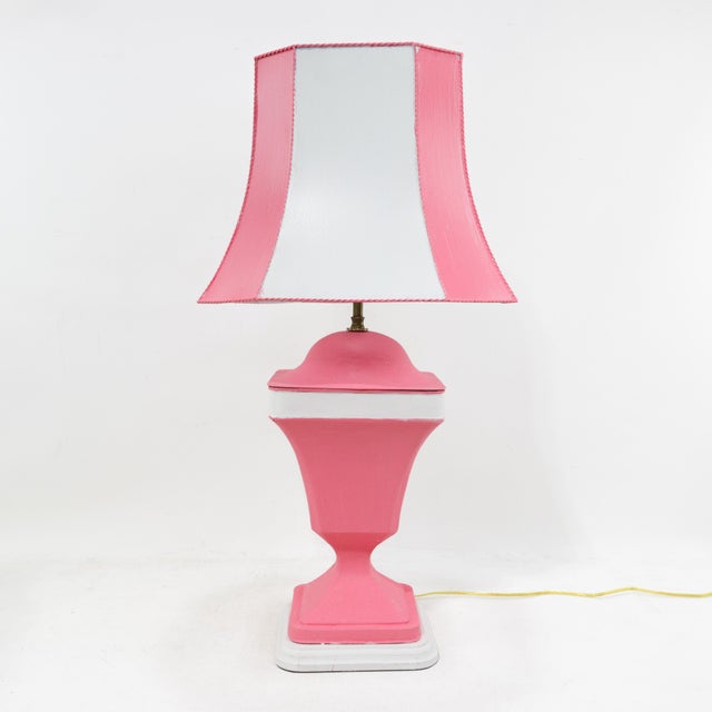 Pair of Vintage Pink and White Trophy Table Lamps With Rectangular Bell Shades For Sale In New York - Image 6 of 12