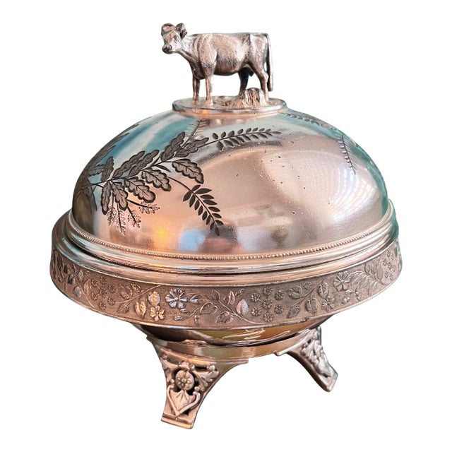 Antique Victorian Quadruple Silverplate Butter Cooler With Cow Finial For Sale