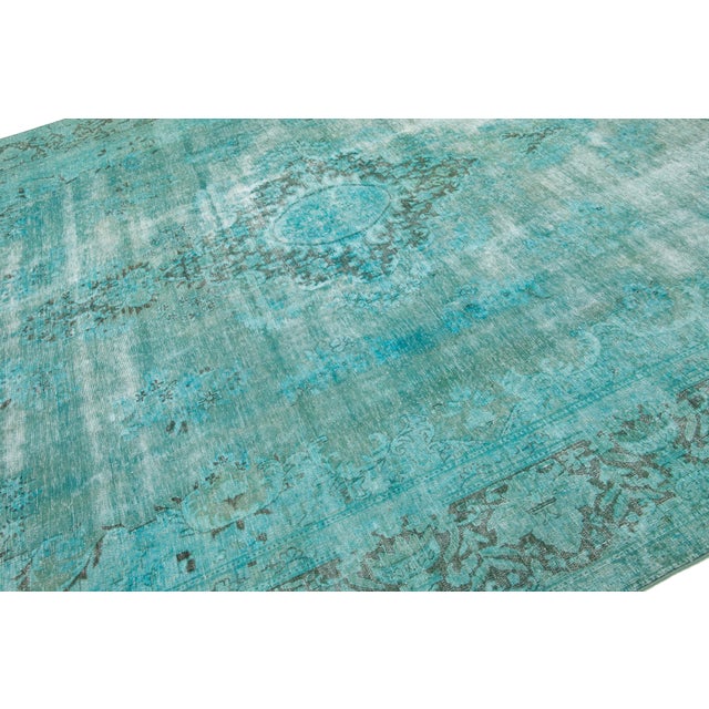 Turquoise Antique Overdyed Persian Wool Rug With Medallion Motif For Sale In New York - Image 6 of 10